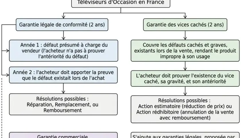 Schéma du processus de garantie légale pour téléviseurs d'occasion. En cas de produit défectueux, les résolutions possibles sont réparation, remplacement ou remboursement.