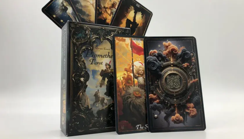 Promethe Tarot z kartami, w tym kartą XIX ze Słońcem i dzieckiem, oraz kartą z QR kodem.