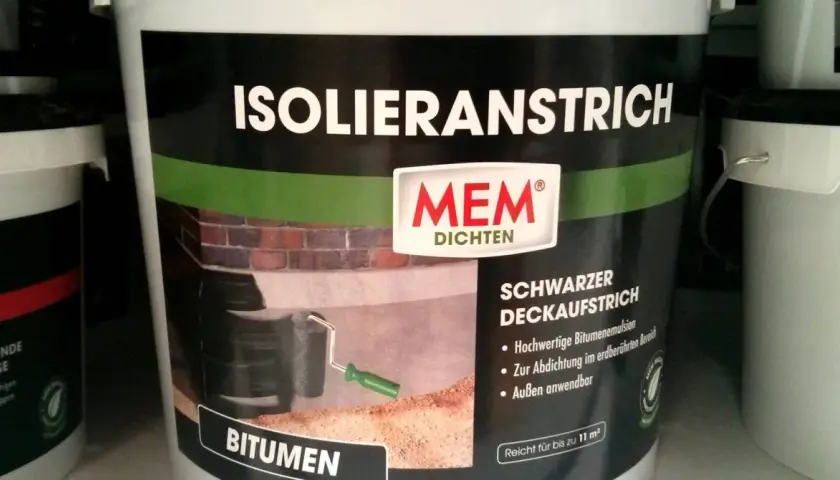 MEM Isolieranstrich: Schwarzer Bitumen Deckaufstrich. Hochwertige Bitumenemulsion zur Abdichtung, ideal für erdberührte Bereiche. 1K oder 2K Unterschied? Hier nicht ersichtlich.