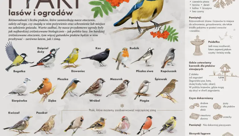 Ilustracja przedstawia różnorodne ptaki, takie jak bogatka, dzięcioł duży, kos, rudzik, modraszka, jemiołuszka, gil i inne, które można spotkać w lasach i ogrodach.