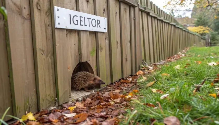 Ein Igel nutzt den "Igel-Tor"-Durchgang im Zaun, um in den Garten zu gelangen.