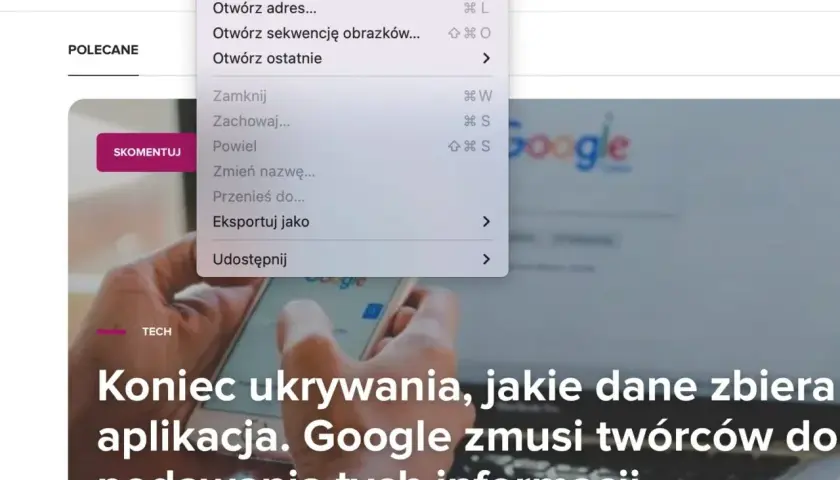Rozpoczynanie nagrywania ekranu na komputerze Mac. Menu oferuje opcje takie jak "Nowe nagranie z ekranu" i "Eksportuj jako".