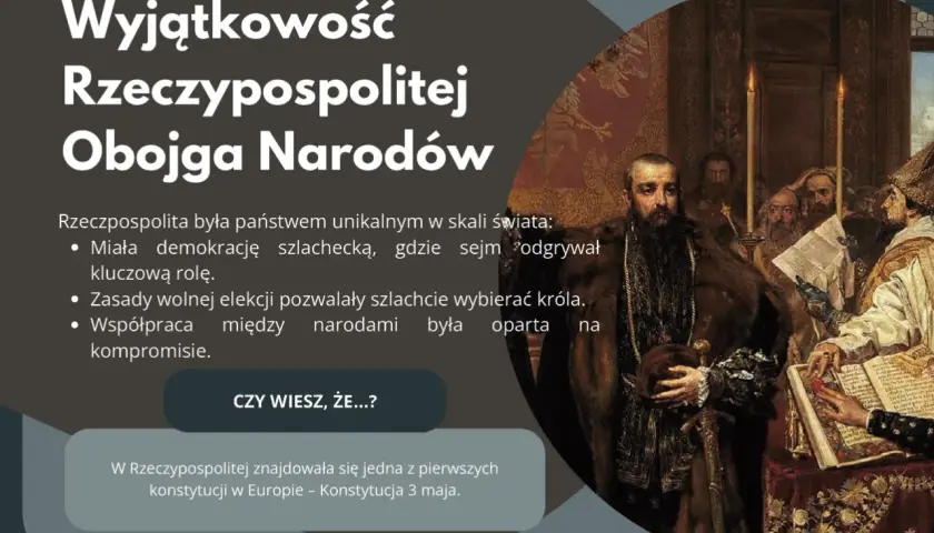 Obraz przedstawia scenę historyczną związaną z Unią Lubelską, ukazującą unikalność Rzeczypospolitej Obojga Narodów, jej demokrację szlachecką i wolną elekcję.