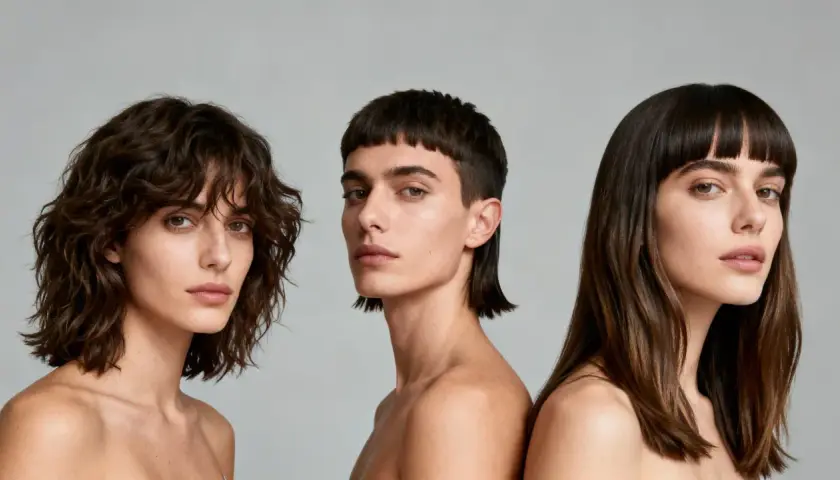 Tres modelos con diferentes peinados, uno con un corte moderno que incluye un pico de viuda, posan ante un fondo gris.