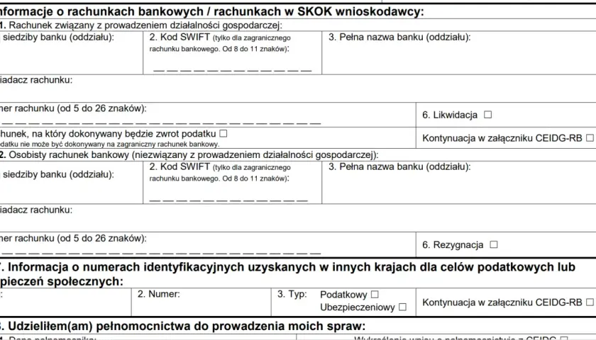 Formularz CEIDG-RB: sekcja 26. Informacje o rachunkach bankowych. Wpisz dane rachunku firmowego lub osobistego.
