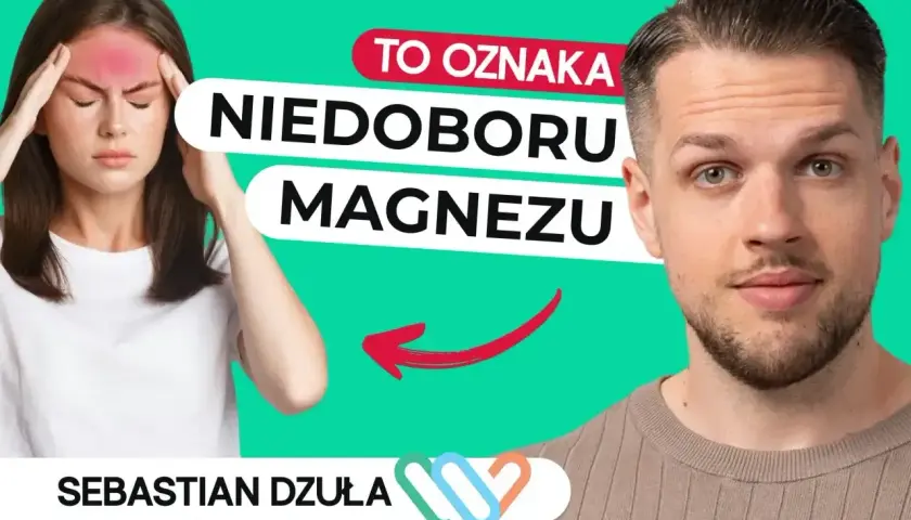 Kobieta z bólem głowy, wskazujący na objawy niedoboru magnezu. Obok mężczyzna, Sebastian Dżuła.