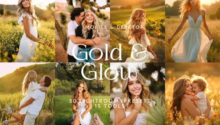 Kolaż zdjęć z sesji w złotym świetle. Dowiedz się, co to presety i jak uzyskać efekt "Gold & Glow" w Lightroom.