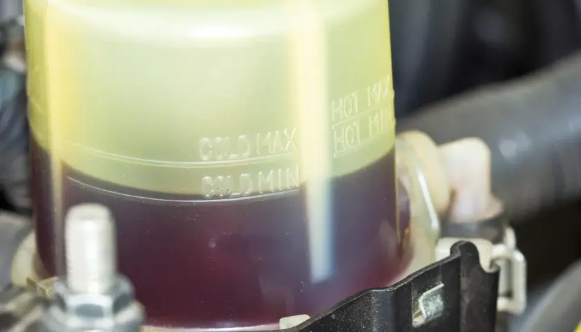Serbatoio liquido servosterzo con indicazioni min/max. Livello basso o fluido vecchio possono causare sterzo duro.