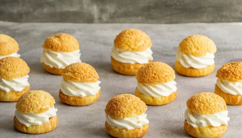Douze petits choux pâtisseries garnis d'une crème onctueuse, prêts à être dégustés.