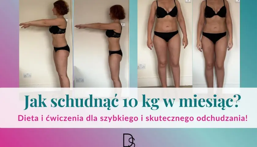 Kobieta pokazuje metamorfozę sylwetki, inspirując do tego, jak schudnąć 10 kg. Dieta i ćwiczenia to klucz do sukcesu.