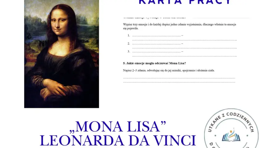 Opis obrazu: "Mona Lisa" Leonarda da Vinci na karcie pracy.