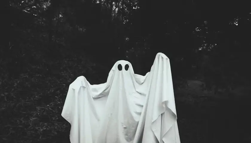Figura fantasmal blanca con dos agujeros negros para ojos, en un bosque oscuro. ¿Qué significa soñar con fantasmas?