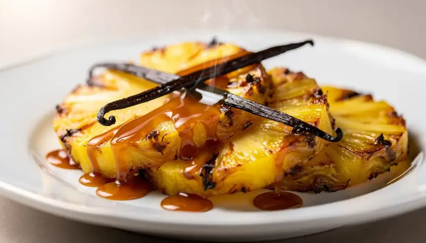 Tranches d'ananas rôti, nappées d'une sauce caramélisée et garnies de gousses de vanille. Vapeur légère s'échappant du plat.