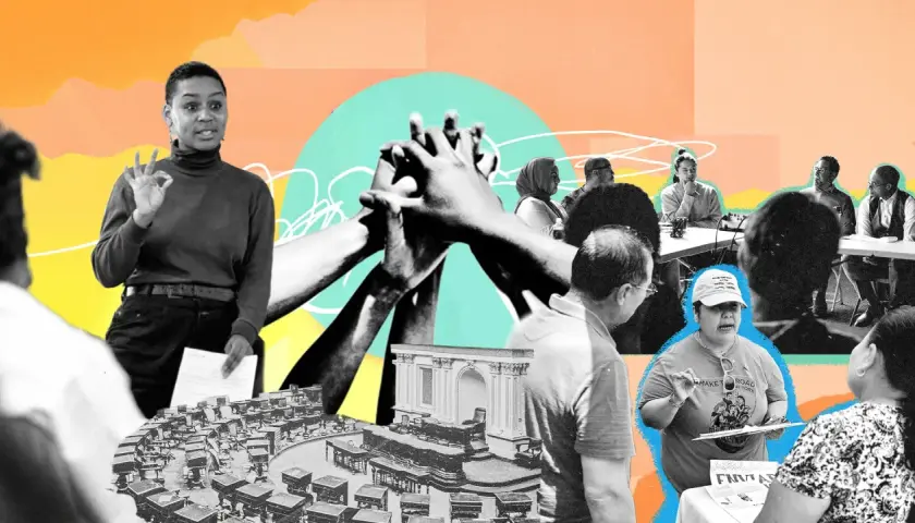 Diverse people engage in discussions and unite hands, symbolizing why civic participation is important for community action and change.