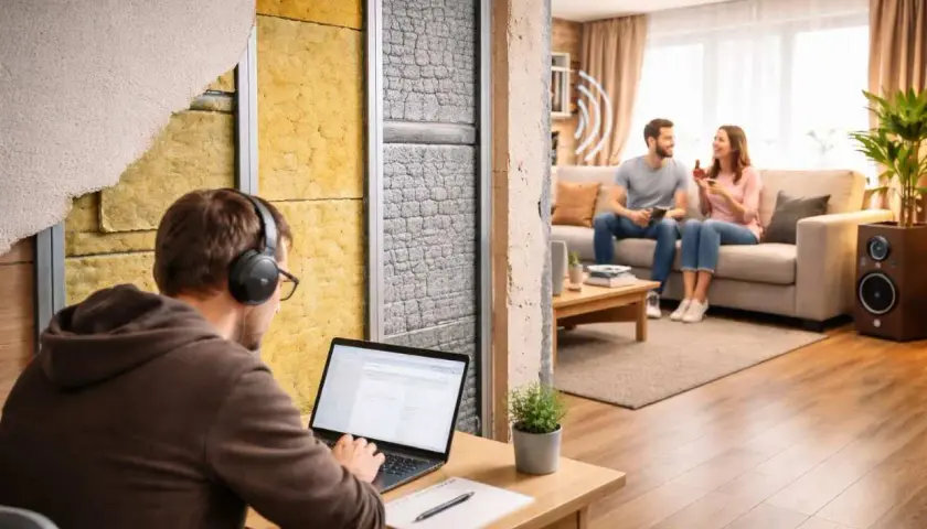 Uomo con cuffie lavora al laptop, mentre una coppia rilassata in soggiorno mostra l'importanza della classificazione acustica negli edifici.