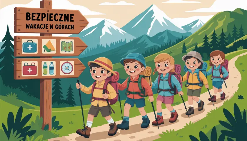 Dzieci wyruszają na wycieczkę w góry. Na drogowskazie widnieje napis "Bezpieczne wakacje w górach", a obok ikony apteczki, namiotu i mapy.