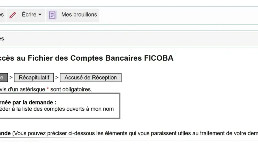 Formulaire de demande d'accès au fichier FICOB A pour consulter la liste des comptes bancaires ouverts à votre nom.
