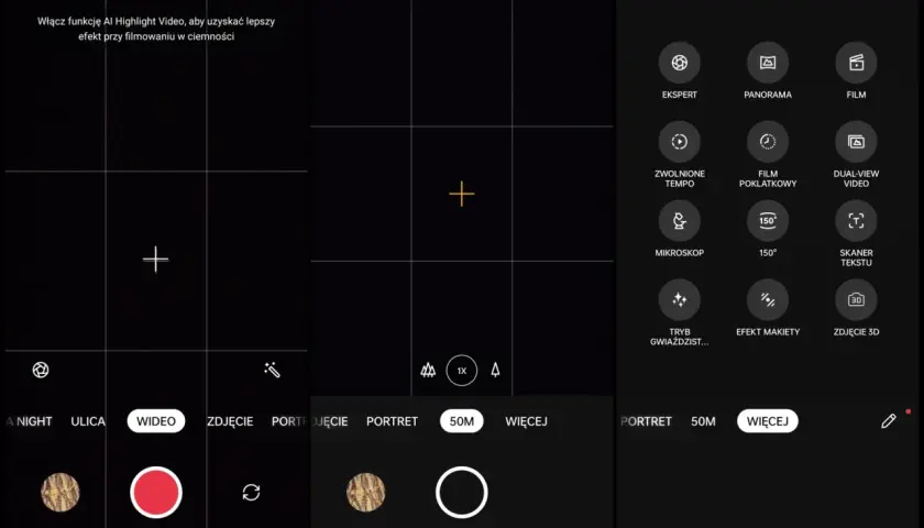 Interfejs realme UI aparatu z opcjami nagrywania wideo, w tym 8K, trybem nocnym i eksperckim.