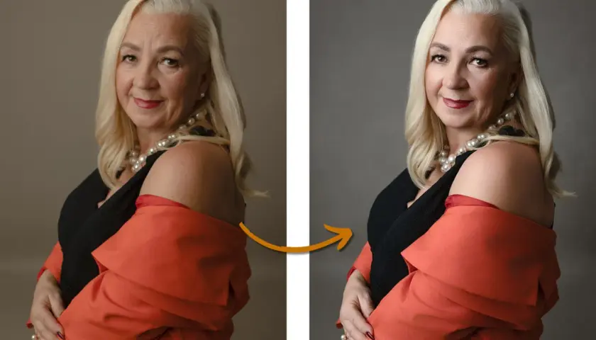 Kobieta z blond włosami i perłami, uśmiecha się. Po prawej stronie widać efekt pracy w photoshop beta, gdzie poprawiono kolory i tło.