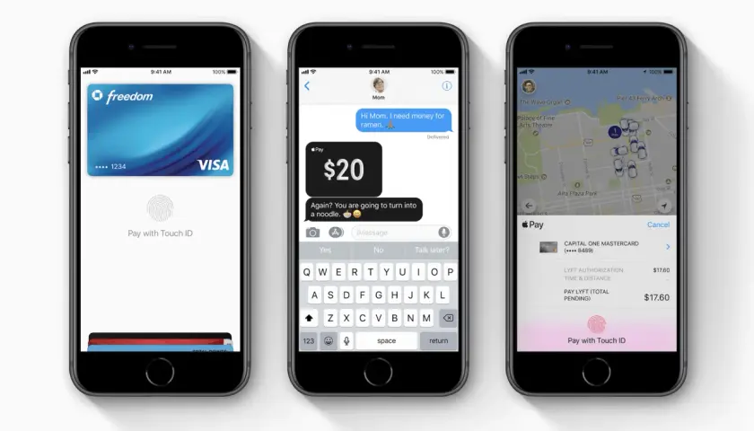 Jak płacić Apple Pay? Trzy iPhone'y pokazują różne etapy płatności: karta, wiadomość z prośbą o pieniądze i potwierdzenie płatności Lyft.