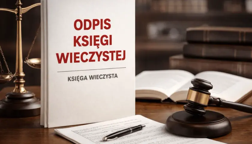 Księga wieczysta z napisem "Odpis księgi wieczystej" na okładce, obok wagi sprawiedliwości i młotka sędziowskiego. Dowiedz się, jak uzyskać wypis z księgi wieczystej.