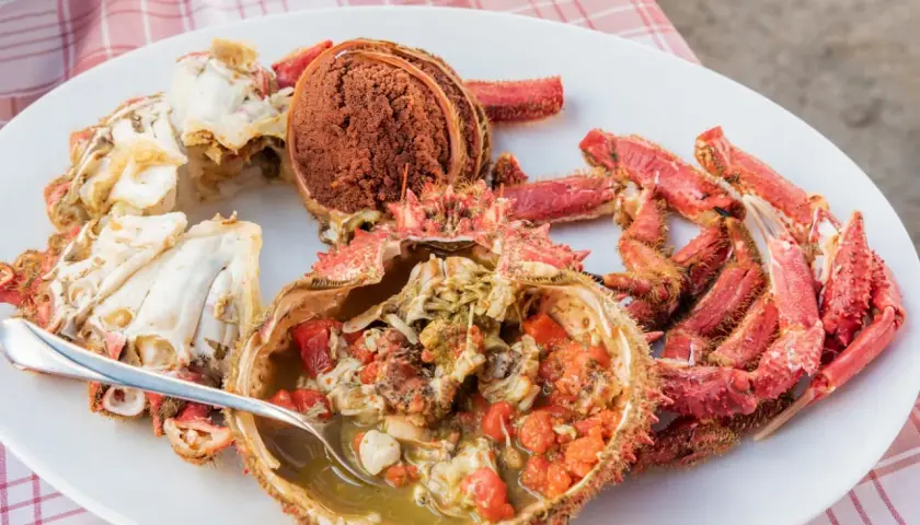 Centollo marisco preparado en una fuente blanca, con su coral y patas rojas. Una cuchara sirve el interior jugoso.