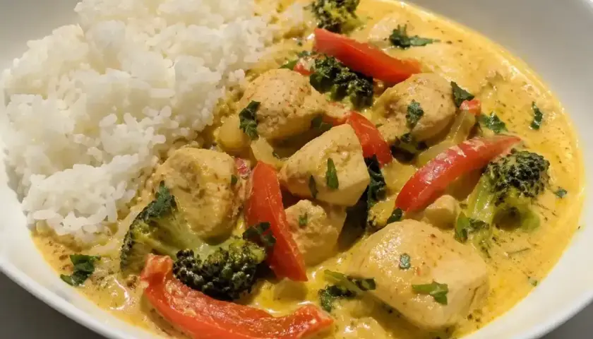Enkel kycklinggryta med ris, broccoli och röd paprika i en krämig sås.
