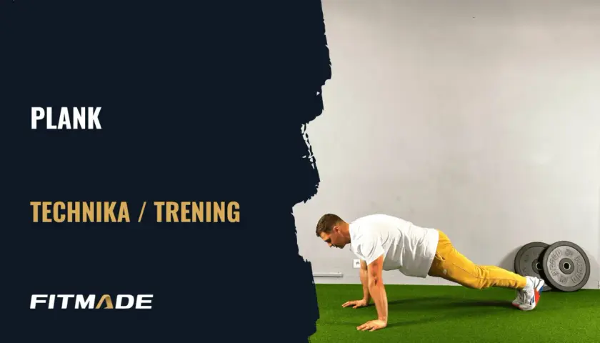 Mężczyzna wykonuje plank, ćwiczenie idealne dla początkujących. Na ekranie widnieje napis "PLANK TECHNIKA / TRENING".