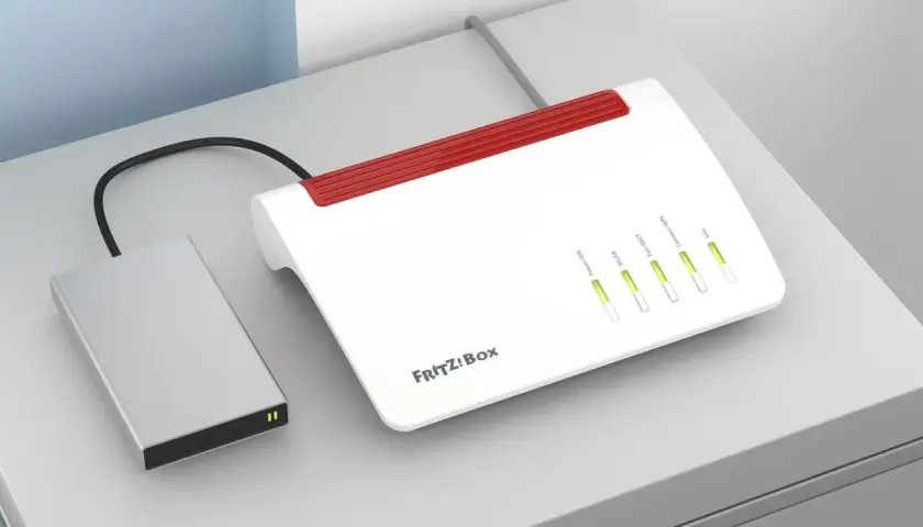 Eine externe Festplatte ist über ein Kabel mit einer FRITZ!Box verbunden, um Daten im Netzwerk zu teilen.