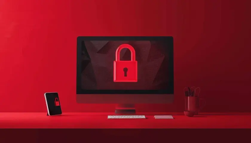 Czerwony monitor i telefon z ikoną kłódki. System zabezpieczony, jakby szyfrowanie AES ECB chroniło dane.