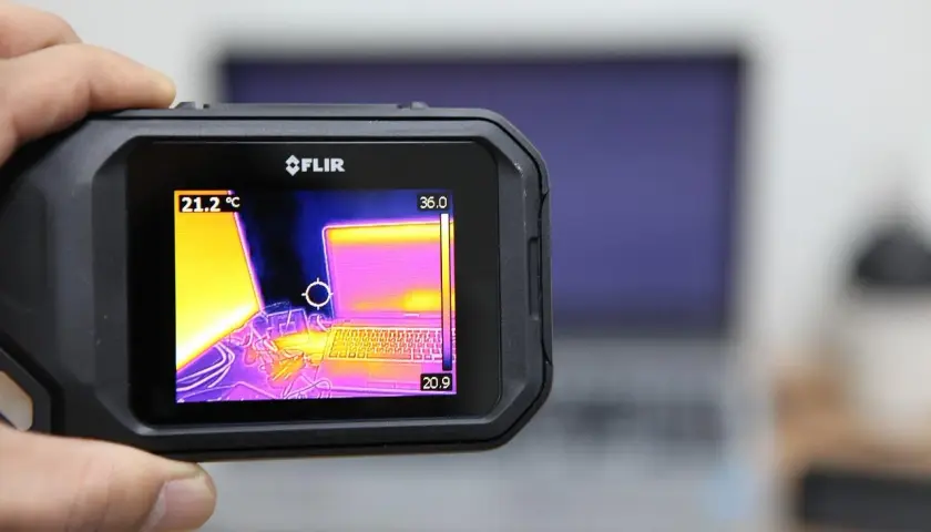 Ręczny termograf FLIR pokazuje laptopa w podczerwieni. Widoczne są różne temperatury, od chłodniejszych fioletów po cieplejsze żółcie i róże.