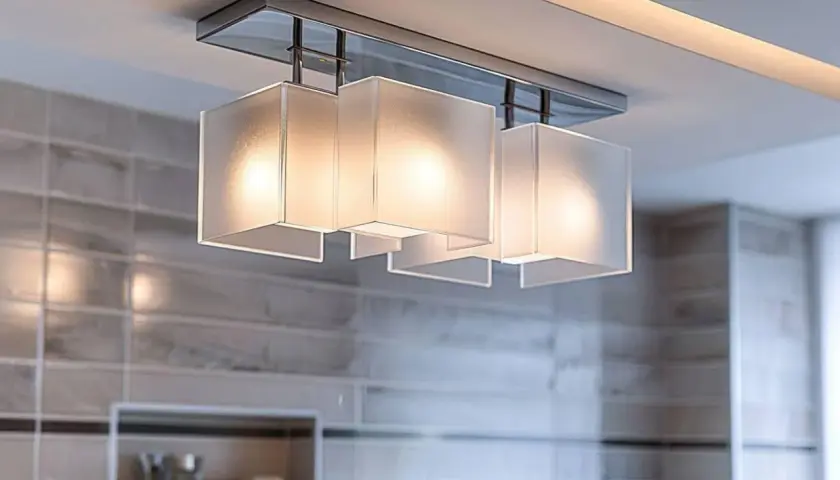 Plafonnier moderne avec abat-jours cubiques diffusant une douce lumière, idéal pour la puissance éclairage salle de bain.