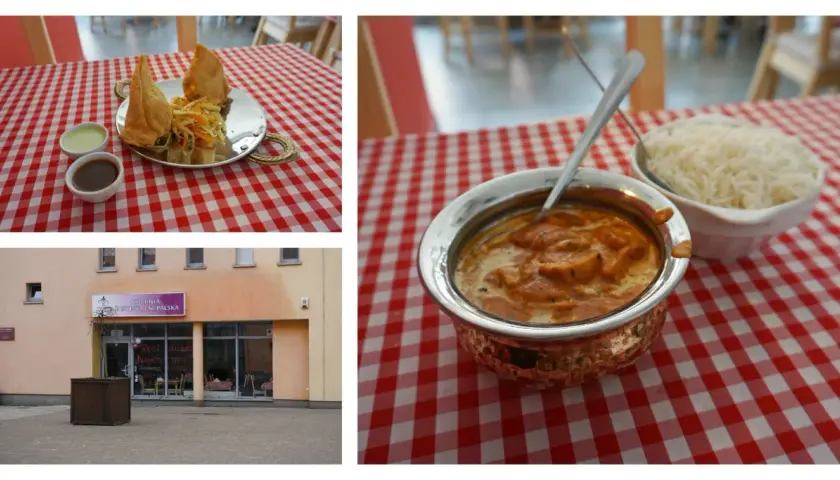 Trzy zdjęcia: dania kuchni nepalskiej, restauracja z zewnątrz i danie z ryżem.