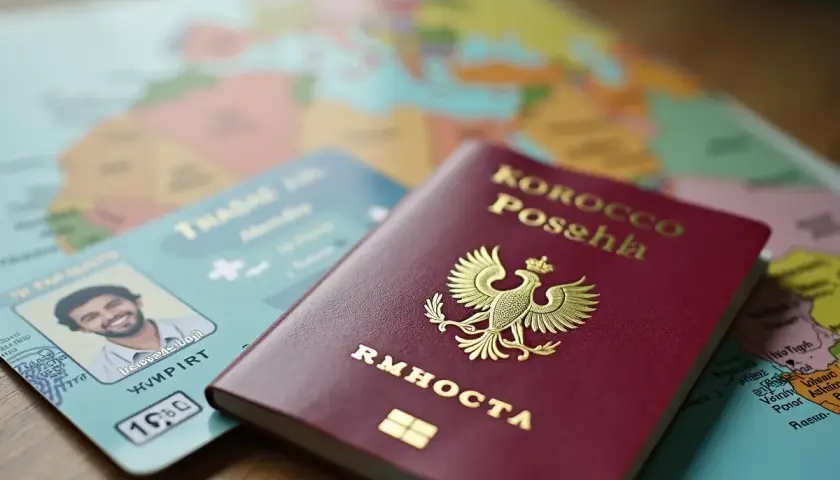 Paszport z orłem i napisami "Korocco Posshla" oraz dokument z fotografią leżą na mapie. Czy do Maroko potrzebny jest paszport? Tak, do podróży do Maroko potrzebny jest paszport.