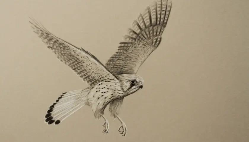 Zeichnung eines Turmfalken im Flug, bereit zur Jagd während der Brutzeit.