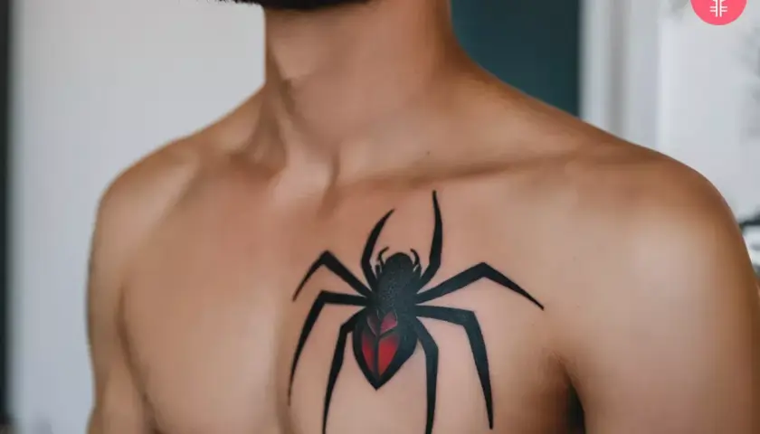 Mocny spiderman tatuaz na klatce piersiowej. Czarny pająk z czerwonym odwłokiem, symbolizujący siłę i determinację.