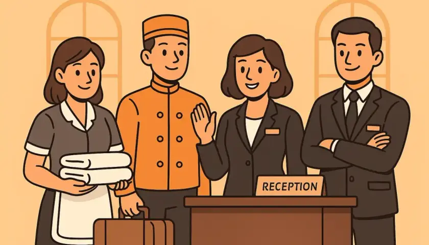 Personale dell'hotel alla reception: addetta alle pulizie con asciugamani, facchino con valigia, receptionist e un uomo in giacca. Le loro mansioni back office sono essenziali.