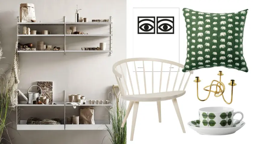 En hylla med inredningsdetaljer, en stol, en kudde med elefantmönster, en ljusstake och en kopp med bladmotiv. Inspiration från svenska designers.