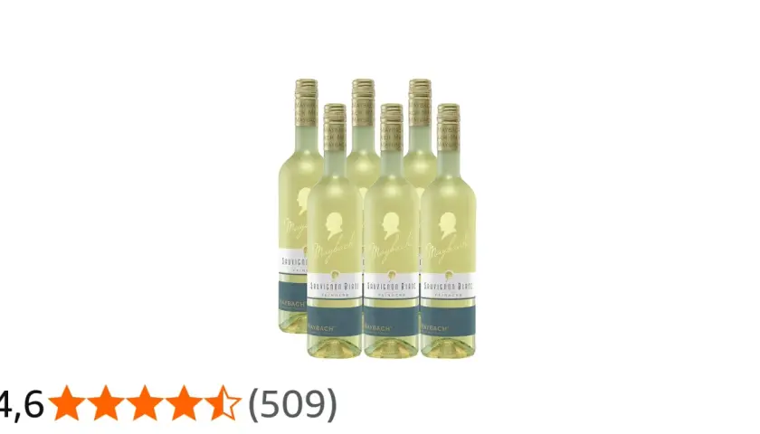Sechs Flaschen Maybach Sauvignon Blanc, trocken oder lieblich, mit goldenen Kapseln und stilisierten Profilen auf den Etiketten.