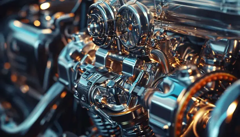 Dettaglio di un motore con turbocompressore. Se la puleggia albero motore è rotta, i sintomi possono includere rumori strani e perdita di potenza.