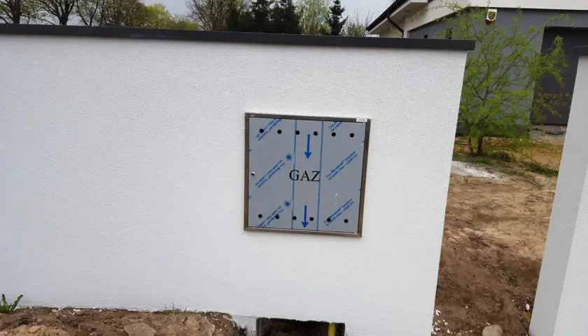 Metalowa skrzynka gazowa z napisem "GAZ" zamontowana na białej ścianie, obok niej rośnie młode drzewko.