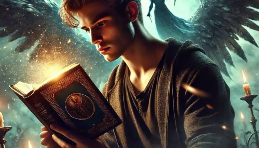 Młody mężczyzna czyta magiczną księgę, z której wydobywa się światło. W tle skrzydlaty anioł i tajemnicza postać. To może być Malazańska księga poległych.