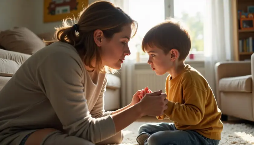 Mama czule trzyma dłonie syna, rozmawiając z nim o tym, jak oduczyć dziecko przeklinania.