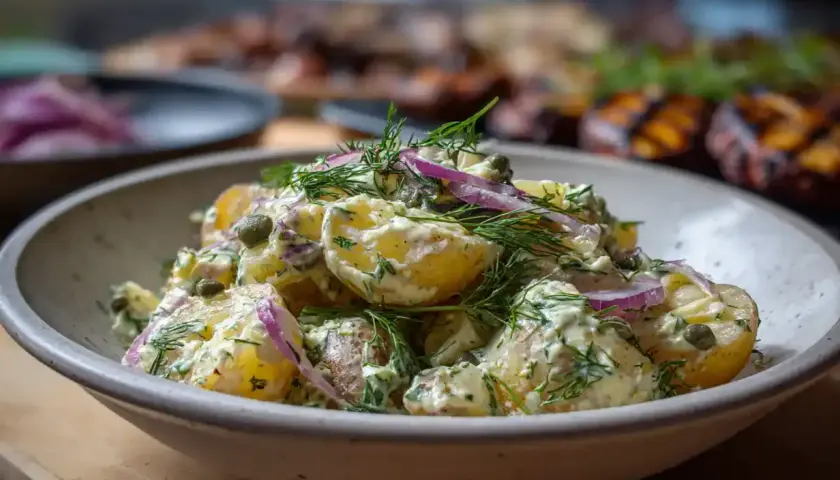 Krämig potatissallad med dill och rödlök, perfekt som tillbehör till grillat.