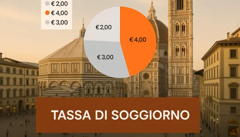 Grafico a torta con prezzi della tassa di soggiorno (2€, 3€, 4€) su sfondo di Firenze.