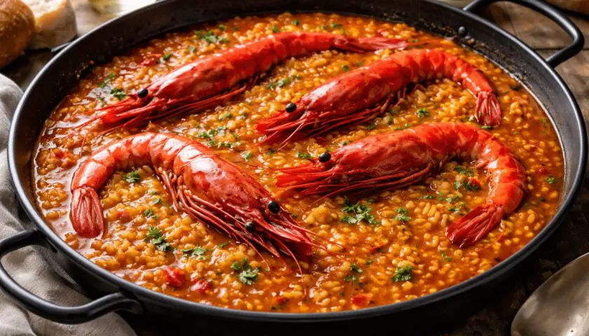 Arroz con carabineros, un plato de mariscos vibrante y sabroso, con gambas rojas enteras sobre un lecho de arroz dorado.