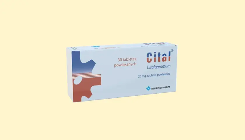 Opakowanie leku Citalopram, zawierające 30 tabletek powlekanych po 20 mg.