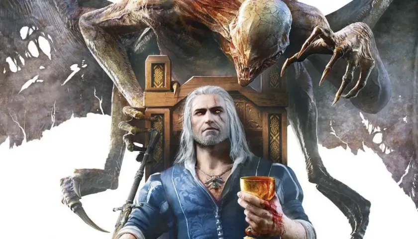 Geralt siedzi na tronie z kielichem krwi, a za nim czai się potwór. Zapowiedź Wiedźmin 1 remake.