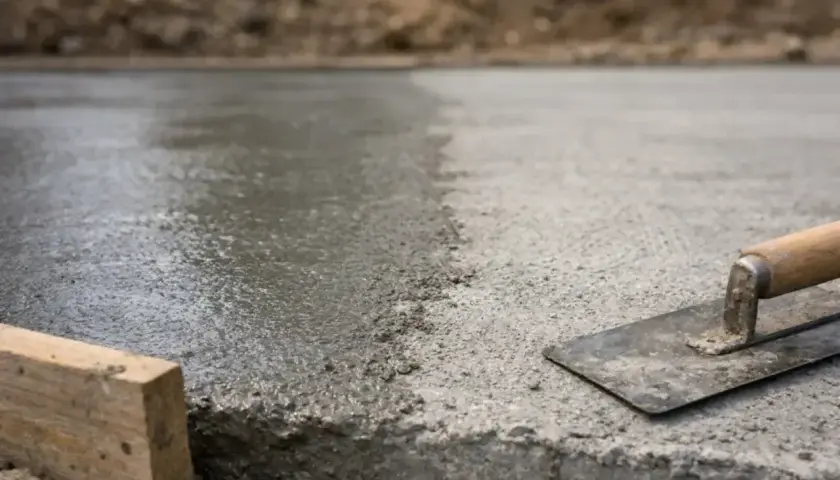 Świeżo wylany, mokry beton na budowie. Narzędzia budowlane, jak kielnia i drewniany klin, czekają na dalsze prace. Szybki beton to podstawa solidnej konstrukcji.
