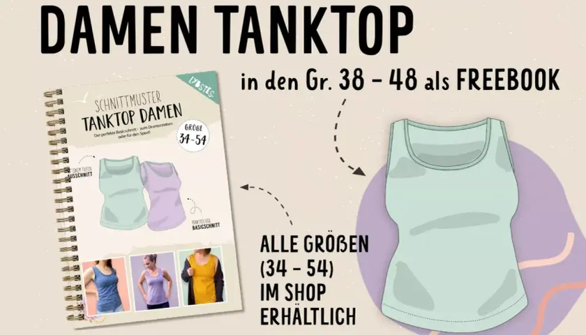 Schnittmuster Top Damen kostenlos: Ein Buch zeigt verschiedene Tanktop-Designs und Größen von 34-54. Ein mintgrünes Tanktop wird hervorgehoben.